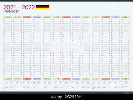 2021 - 2022 mid year wall planner in tedesco. Anno accademico. Perfetto per il programma di scolarizzazione domestico, programma. Organizer, modello pianificatore annuale. Illustrazione Vettoriale