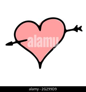 Doodle San Valentino cuore giorno. Simbolo d'amore rosa disegnato a mano isolato su sfondo bianco. Carino cuore biglietto d'auguri trafitto dalla freccia. Febbraio 14, matrimonio Illustrazione Vettoriale