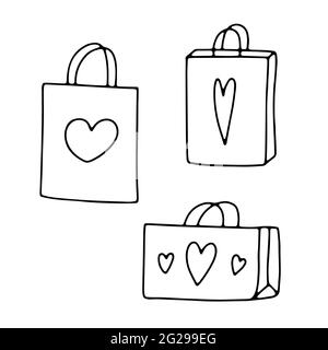 Carino doodle pacchetti set. Il profilo disegnato a mano presenta un sacchetto isolato su sfondo bianco. Sorpresa con i cuori. Vacanze, San Valentino, regali di compleanno, Illustrazione Vettoriale