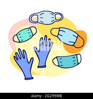 Set di doodle medico protettivo. Maschera colorata disegnata a mano, guanti. Mezzi di protezione della mano e del viso contro virus, sporcizia, batteri, coronavirus. Vettore S Illustrazione Vettoriale