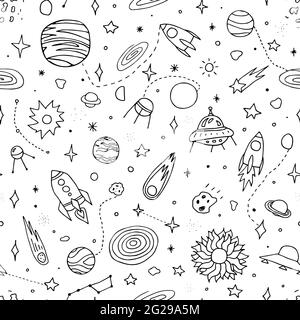 Pattern di doodle vettoriale senza giunture. Pianeti, razzi, stelle, comete, ufo, asteroide, costellazioni isolate su sfondo bianco. Contorno astronomia Illustrazione Vettoriale