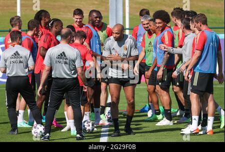 L'assistente tecnico belga Thierry Henry (C) e i giocatori del Belgio hanno ritratto durante una sessione di allenamento della nazionale belga di calcio Red Devils, i Foto Stock