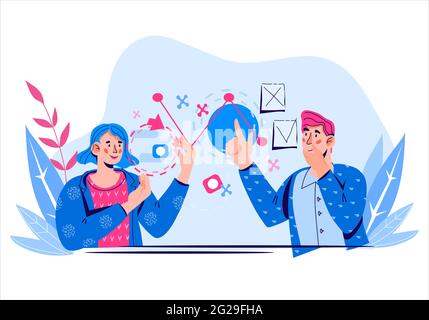Gestione finanziaria e analisi aziendale, vettore. Lavoro di squadra agile e mischia. Illustrazione Vettoriale
