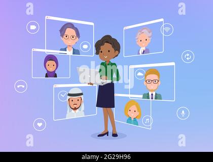 Un insieme di donne di affari nere che comunicano in linea usando un laptop.IT's arte vettoriale così facile da modificare. Illustrazione Vettoriale