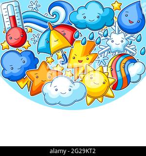 Sfondo con carino elementi meteo kawaii. Divertente illustrazione stagionale per bambini. Illustrazione Vettoriale