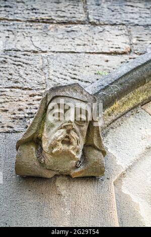 Teste di pietra scolpite, Clark Street Congregational Church Foto Stock
