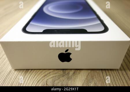 KONSKIE, POLONIA - 22 novembre 2020: Confezione con il logo della società Apple e nuovo smartphone iPhone 12 all'interno Foto Stock