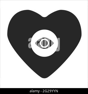 cuore nero con occhio, forma semplice, icona, piatto Illustrazione Vettoriale