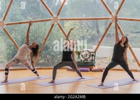 Vista laterale di donne calme equilibrate concentrate su stretching e alzando le mani in su nella postura del guerriero classe rotonda per yoga Foto Stock