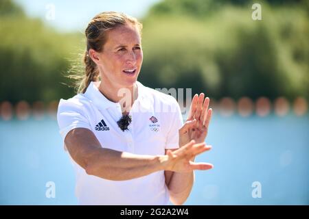 Helen Glover della Gran Bretagna durante l'annuncio del team GB Tokyo 2020 Rowing al Redgrave Pinsent Rowing Lake, Reading. Data immagine: Mercoledì 9 giugno 2021. Foto Stock