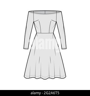 Abito off-shoulder Bardot illustrazione tecnica moda con maniche lunghe, corpo calzato, lunghezza ginocchio gonna semicircolare. Parte anteriore dell'abbigliamento piatto, colore grigio. Donne, uomini unisex CAD mockup Illustrazione Vettoriale