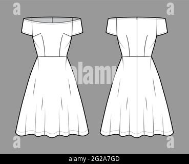 Set di abiti off-shoulder Bardot illustrazione tecnica moda a maniche corte, calzata, gonna semicircolare lunghezza ginocchio. Abbigliamento piatto, anteriore, posteriore, colore bianco. Donne, uomini unisex CAD mockup Illustrazione Vettoriale