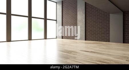 Loft vuoto contemporaneo con parete in mattoni, pavimento in legno e colonne in cemento studio di rappresentazione 3d Foto Stock