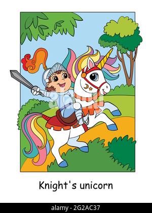 Cavaliere carino in corazza a cavallo di un unicorno. Vettore colorato cartoon illustrazione in stile bambini. Per cartoline, poster, design, schede, adesivi, Illustrazione Vettoriale