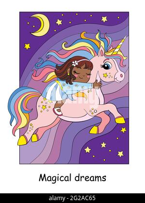 Carino ragazza nera dorme sul retro di un unicorno volante. Vettore colorato cartoon illustrazione in stile bambini. Per cartoline, poster, design, schede, stic Illustrazione Vettoriale