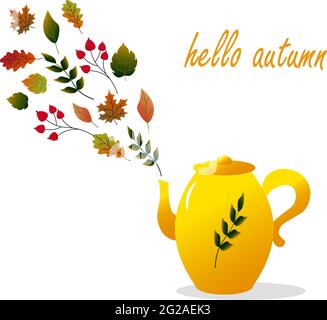 Teiera gialla con foglie autunnali e testo. Ciao, autunno. Illustrazione Vettoriale
