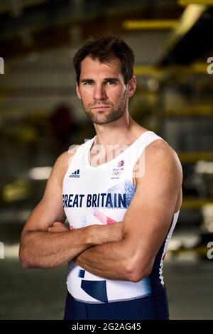 Graeme Thomas della Gran Bretagna durante l'annuncio del team GB Tokyo 2020 Rowing al Redgrave Pinsent Rowing Lake, Reading. Data immagine: Mercoledì 9 giugno 2021. Foto Stock