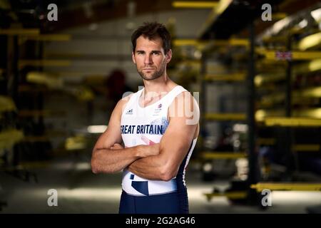 Graeme Thomas della Gran Bretagna durante l'annuncio del team GB Tokyo 2020 Rowing al Redgrave Pinsent Rowing Lake, Reading. Data immagine: Mercoledì 9 giugno 2021. Foto Stock