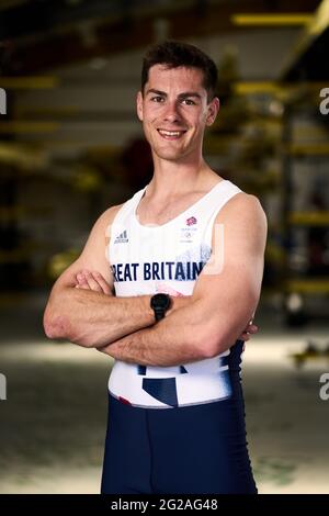 Gran Bretagna Angus Groom durante il Team GB Tokyo 2020 Rowing team annuncio al Redgrave Pinsent Rowing Lake, Reading. Data immagine: Mercoledì 9 giugno 2021. Foto Stock