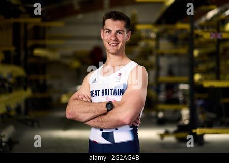 Gran Bretagna Angus Groom durante il Team GB Tokyo 2020 Rowing team annuncio al Redgrave Pinsent Rowing Lake, Reading. Data immagine: Mercoledì 9 giugno 2021. Foto Stock