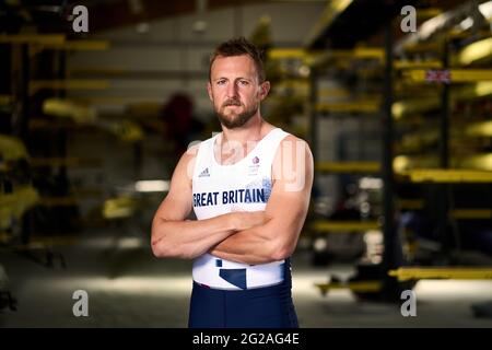 John Collins della Gran Bretagna durante l'annuncio del team GB Tokyo 2020 Rowing al Redgrave Pinsent Rowing Lake, Reading. Data immagine: Mercoledì 9 giugno 2021. Foto Stock