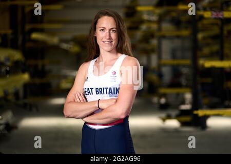 La Gran Bretagna Karen Bennett durante il Team GB Tokyo 2020 Rowing team annuncio al Redgrave Pinsent Rowing Lake, Reading. Data immagine: Mercoledì 9 giugno 2021. Foto Stock