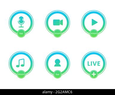 Set di icone di streaming live. Simboli e pulsanti di gradiente per streaming live, trasmissione e webinar online. Etichetta per tv, spettacoli, film e live Illustrazione Vettoriale