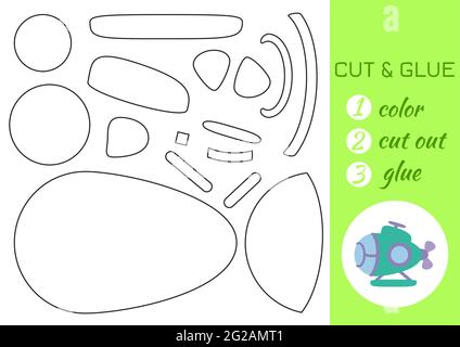 Colore, taglio e colla carta sottomarino verde. Taglia e incolla la pagina di attività di artigianato. Gioco educativo per bambini in età prescolare. Foglio di lavoro fai da te. Gioco di logica per bambini, Illustrazione Vettoriale