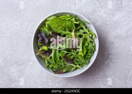 Vista dall'alto dell'insalata vegetariana con mix di foglie verdi fresche su sfondo grigio di cemento Foto Stock