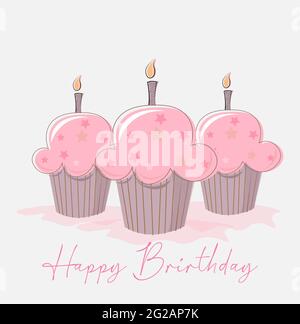 Tre torte della tazza del compleanno con le candele e testo felice del compleanno Illustrazione vettoriale Illustrazione Vettoriale