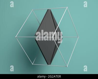 L'oggetto tridimensionale astratto poligonale grigio si trova all'interno del rettangolo di selezione del reticolo filo-telaio, illustrazione del rendering 3d Foto Stock