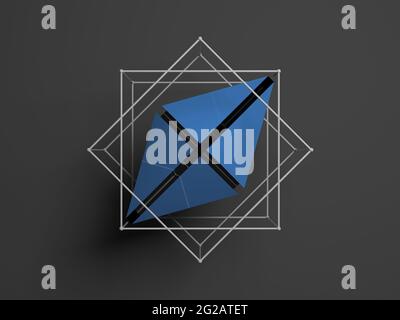 Astratto oggetto tridimensionale poligonale blu si trova all'interno di riquadri di delimitazione reticolo-telaio su sfondo grigio scuro, illustrazione di rendering 3d Foto Stock