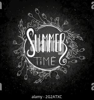 Ora legale. Carta grunge con scritta a mano con sfondo floreale. Lettere a doodle realizzate a mano in stile retrò. Illusione di tipografia vettoriale vintage disegnata a mano Illustrazione Vettoriale