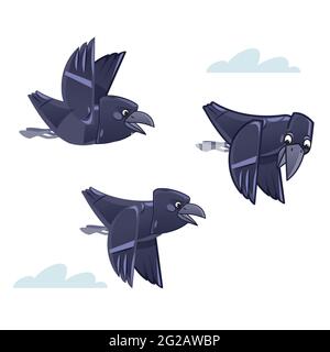 Greggi di cartoni animati di corvi che volano nel cielo. Illustrazione vettoriale isolata su sfondo bianco Illustrazione Vettoriale