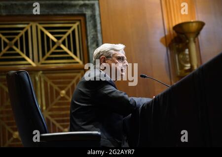 Washington DC, Stati Uniti. 9 giugno 2021. Il procuratore generale Merrick Garland testimonia dinanzi al Sottocomitato per il Commercio, la Giustizia, la Scienza e le Agenzie correlate del Senato audizione su Capitol Hill a Washington, mercoledì 9 giugno 2021. Foto di Susan Walsh/Pool/ABACAPRESS.COM Credit: Abaca Press/Alamy Live News Foto Stock