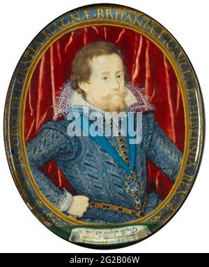 Giacomo i d'Inghilterra (Giacomo VI di Scozia), James Charles Stuart (1566-1625), re britannico, ritratto in miniatura di Nicholas Hilliard, circa 1610 Foto Stock