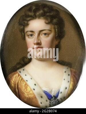 Regina Anna (Stuart) (1665-1714), Regina d'Inghilterra, Scozia e Irlanda (1702-1707), Regina di Gran Bretagna e Irlanda (1707-1714), moglie di Giorgio di Danimarca, ritratto in miniatura di Charles Boit After Kneller, 1703-1727 Foto Stock