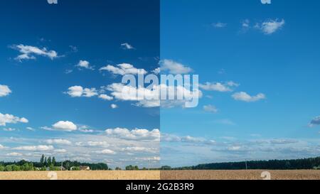 Effetto di un filtro polarizzante mostrato sulla foto del cielo. L'immagine delle nuvole è più alto contrasto attraverso il filtro. Foto Stock