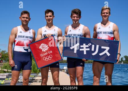 l-r; in Gran Bretagna Jack Beaumont, Angus Groom, Thomas Barras, Harry Leask Mens quad durante il Team GB Tokyo 2020 Rowing team annuncio al Redgrave Pinsent Rowing Lake, Reading. Data immagine: Mercoledì 9 giugno 2021. Foto Stock