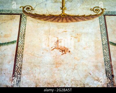 Muro affrescato nel peristilio (cortile aperto o giardino circondato da un colonnato) - Oplontis conosciuta come Villa Poppea in Torre Annunziata - Napoli, Italia Foto Stock