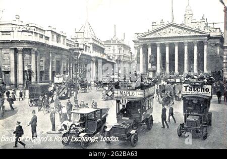 BANCA D'INGHILTERRA a sinistra e il Royal Exchange circa 1912 Foto Stock