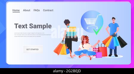 mix di persone da corsa con acquisti colorati concetto di shopping copy space orizzontale Illustrazione Vettoriale