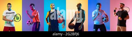 Collage di diversi sportivi professionisti, adatta le persone che si pongono come squadra su sfondo neon a colori. Volantino. Foto Stock