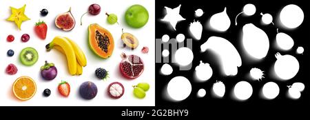 Mescolare frutti e bacche diversi isolati su sfondo bianco con canale alfa, piatto Foto Stock