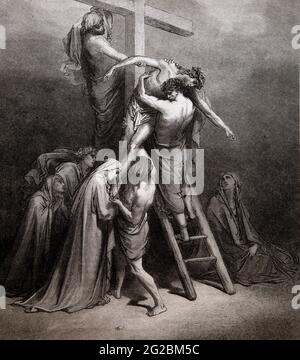 Storia della Bibbia Illustrazione di 'la discesa dalla Croce' prendere Cristo dalla Croce dopo la Crocifissione (Matteo 27;57-58) di Gustave Dore 13th S. Foto Stock