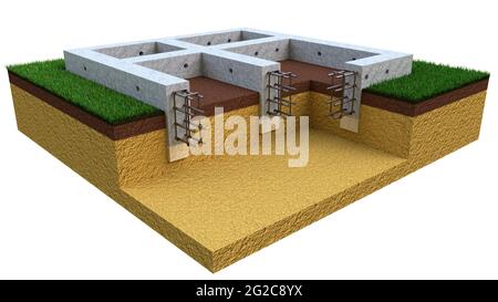 Parete di base in cemento armato versato, rendering 3D industriale in cgi isolato Foto Stock