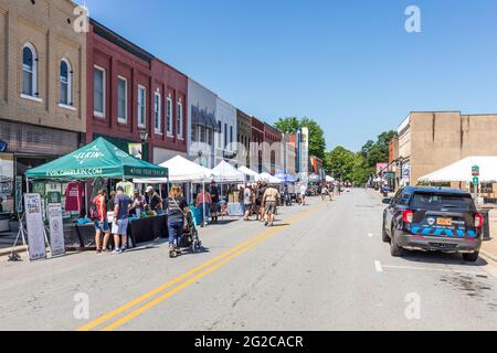 ELKIN, NC, USA-5 GIUGNO 2021: Un festival di strada, con venditori sotto le tettoie ombreggianti, e molte persone. Immagine orizzontale. Foto Stock