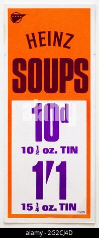 1970 Shop Pubblicità Prezzo Visualizza etichetta - Heinz zuppe Foto Stock