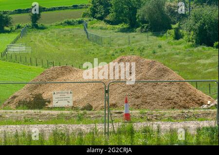 Aylesbury vale, Buckinghamshire, Regno Unito. 8 Giugno 2021. HS2 Ltd hanno distrutto una grande area di boschi antichi a Jones Hill Wood. Le radici dell'albero sono accatastate in su come sono mucchi degli alberi che sono stati boscati. La High Speed Rail 2 da Londra a Birmingham è molto controversa a causa dei costi finanziari e ambientali. Credito: Maureen McLean/Alamy Foto Stock