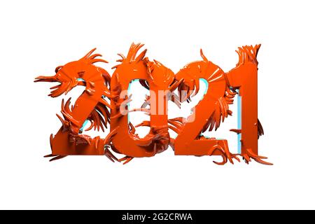 Felicità per il nuovo anno 2021 scritte in plastica o metallo lucido rosso. La superficie è ricoperta da punte affilate isolate su sfondo bianco Foto Stock